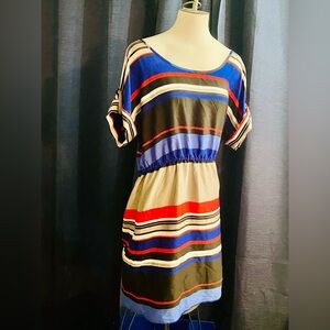 Banana Republic short sleeve striped red, blue, black, gray dress.